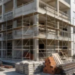 Condomínio residencial em obra emergencial com andaimes na fachada