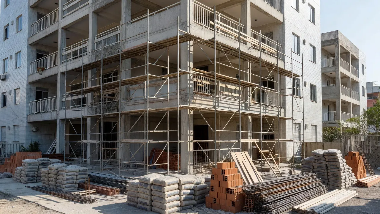 Condomínio residencial em obra emergencial com andaimes na fachada