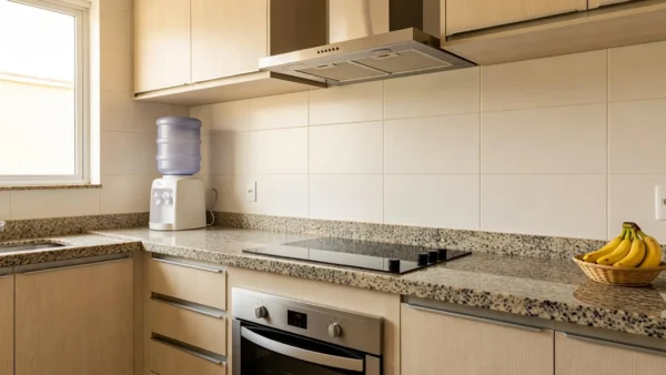 Cozinha brasileira com cooktop, forno e coifa instalados de forma organizada e espaçosa