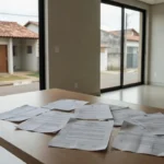 Documentos de compra de imóvel sobre mesa em casa brasileira