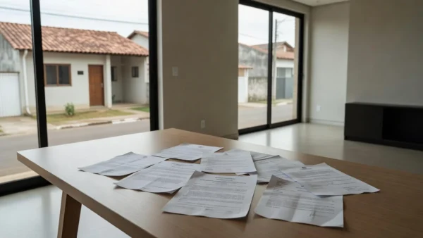 Documentos de compra de imóvel sobre mesa em casa brasileira