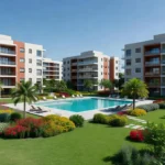 Condomínio residencial brasileiro com áreas verdes e piscina, representando regras de convivência pacífica