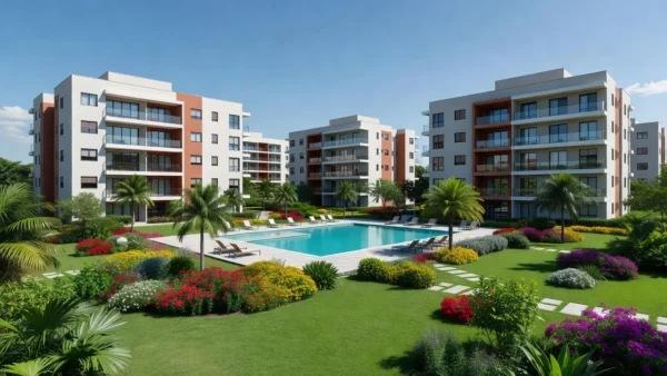 Condomínio residencial brasileiro com áreas verdes e piscina, representando regras de convivência pacífica