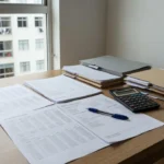 Balancetes de condomínio sobre mesa para análise antes de comprar apartamento
