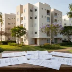 Condomínio residencial brasileiro com plantas e documentos de obras