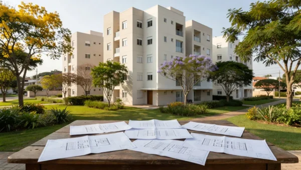 Condomínio residencial brasileiro com plantas e documentos de obras