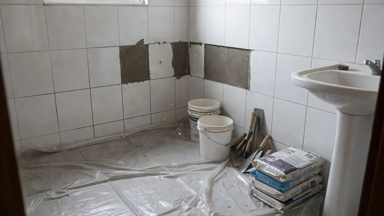 Banheiro em reforma com azulejos e ferramentas mantendo o imóvel habitável
