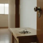 Molho de chaves sobre mesa ao lado de porta de apartamento, simbolizando entrega segura sem pendências