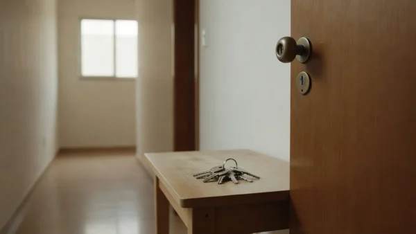 Molho de chaves sobre mesa ao lado de porta de apartamento, simbolizando entrega segura sem pendências