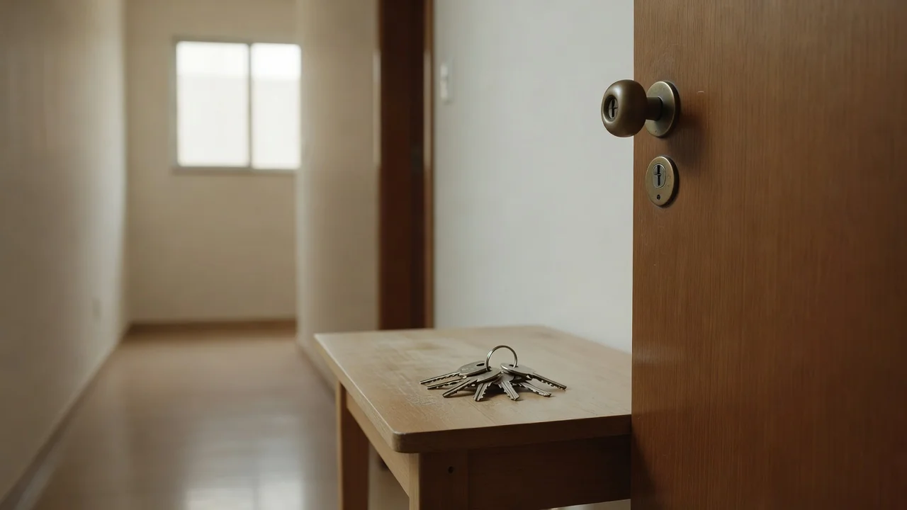 Molho de chaves sobre mesa ao lado de porta de apartamento, simbolizando entrega segura sem pendências