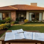 Casa brasileira moderna com documentos de habite-se e plantas sobre mesa