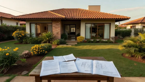 Casa brasileira moderna com documentos de habite-se e plantas sobre mesa