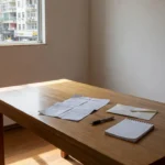 Mesa com contrato de aluguel e caneta em apartamento brasileiro