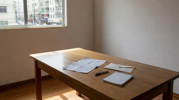 Mesa com contrato de aluguel e caneta em apartamento brasileiro