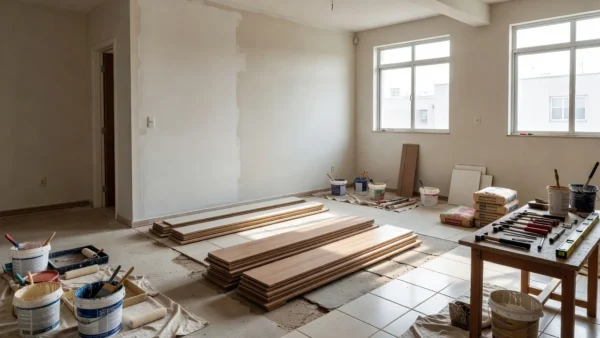 Apartamento brasileiro em reforma com materiais e ferramentas organizados