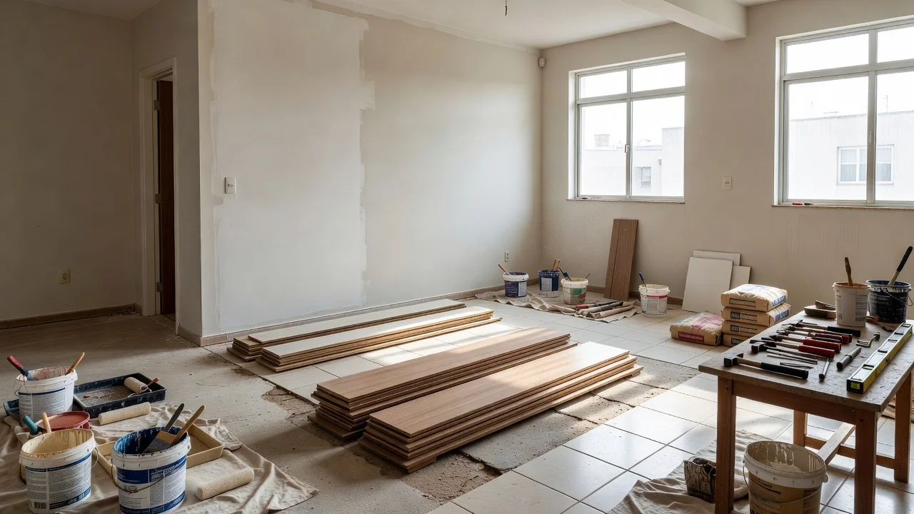 Apartamento brasileiro em reforma com materiais e ferramentas organizados
