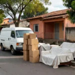 Van de mudança com caixas em frente a casa brasileira, guia para escolher empresa de mudança