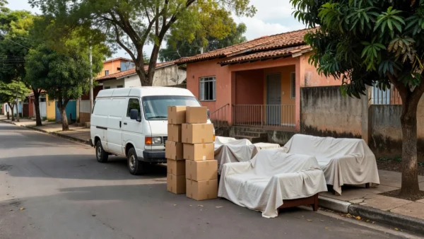 Van de mudança com caixas em frente a casa brasileira, guia para escolher empresa de mudança