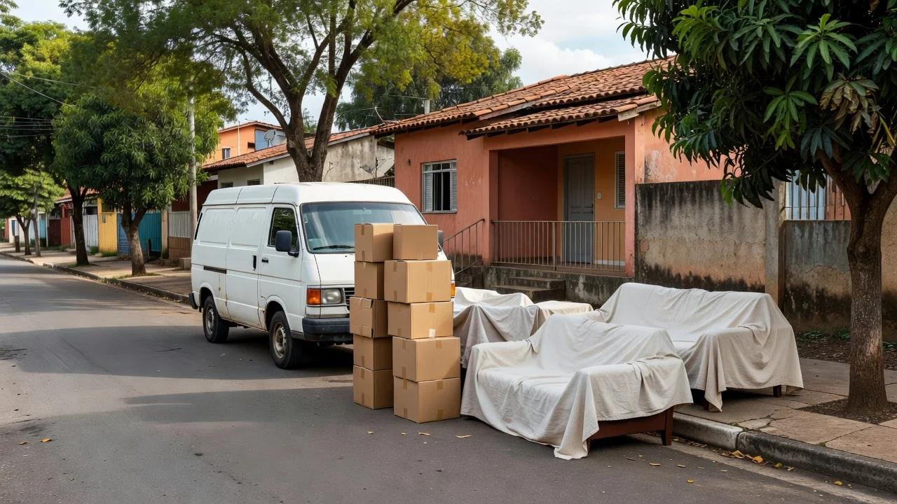 Van de mudança com caixas em frente a casa brasileira, guia para escolher empresa de mudança