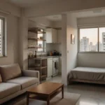 Interior de apartamento compacto brasileiro mostrando sala e cozinha integradas