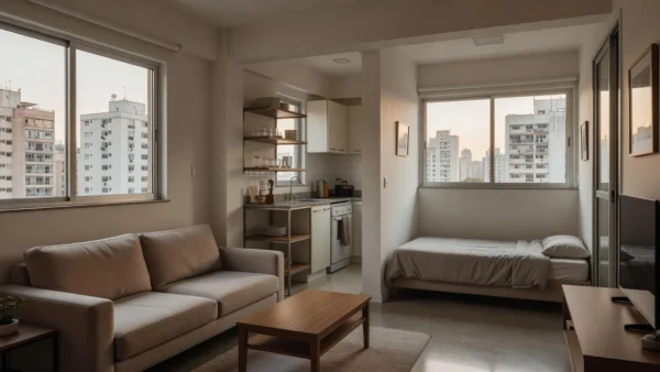 Interior de apartamento compacto brasileiro mostrando sala e cozinha integradas