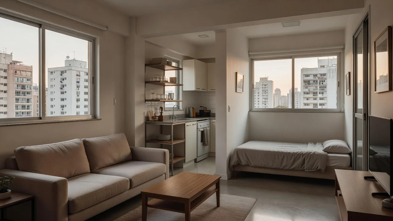Interior de apartamento compacto brasileiro mostrando sala e cozinha integradas