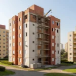 Condomínio residencial brasileiro com obra em andamento e barulho
