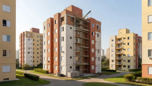 Condomínio residencial brasileiro com obra em andamento e barulho