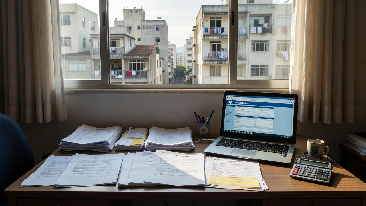 Mesa com documentos e notebook para declaração de aluguel no Imposto de Renda