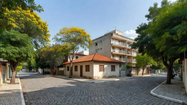 Casa e prédio de apartamentos em bairro residencial brasileiro