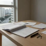 Contrato de imóvel com documentos e caneta sobre mesa em ambiente residencial brasileiro
