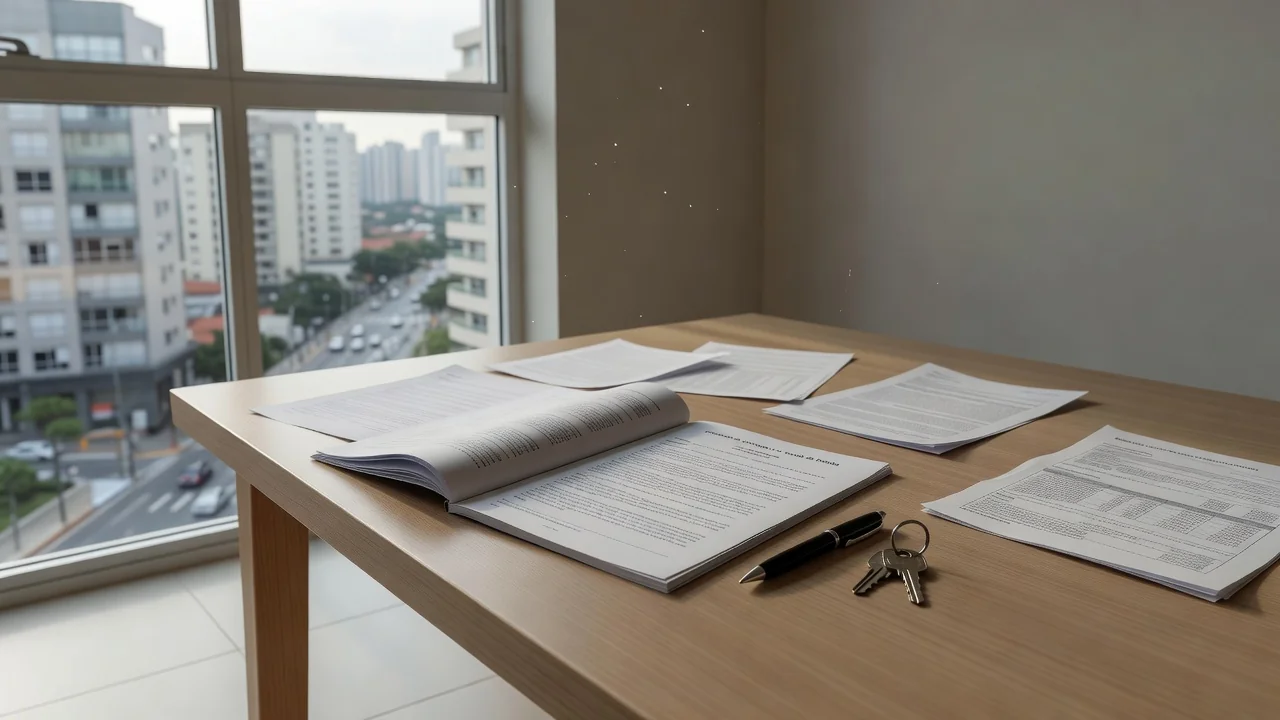 Contrato de imóvel com documentos e caneta sobre mesa em ambiente residencial brasileiro