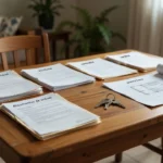 Mesa com pastas e documentos de imóvel organizados