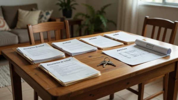 Mesa com pastas e documentos de imóvel organizados