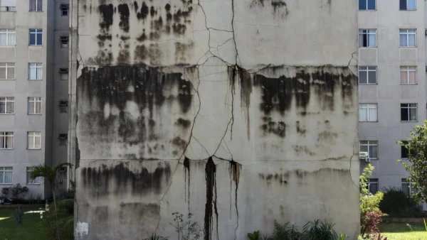 Manchas de infiltração em parede de condomínio residencial brasileiro