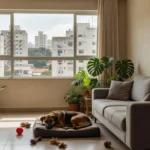 Apartamento brasileiro pet-friendly com cachorro em ambiente aconchegante para aluguel