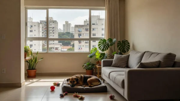 Apartamento brasileiro pet-friendly com cachorro em ambiente aconchegante para aluguel