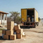 Caixas e caminhão de mudança interestadual em estrada brasileira