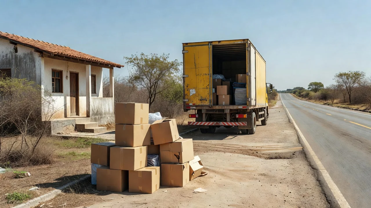 Caixas e caminhão de mudança interestadual em estrada brasileira