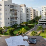 Condomínio residencial brasileiro com documentos representando taxa extraordinária