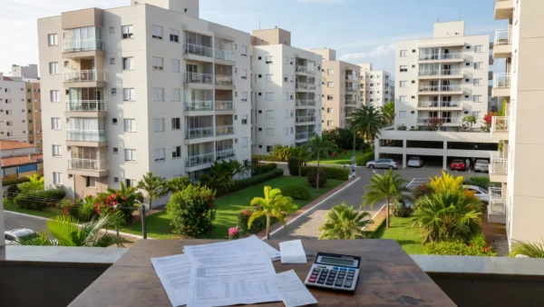 Condomínio residencial brasileiro com documentos representando taxa extraordinária