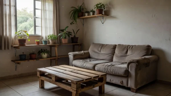 Sala decorada de forma simples e econômica em primeiro apartamento brasileiro