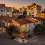 Bairro residencial brasileiro com casas e apartamentos vizinhos ao entardecer
