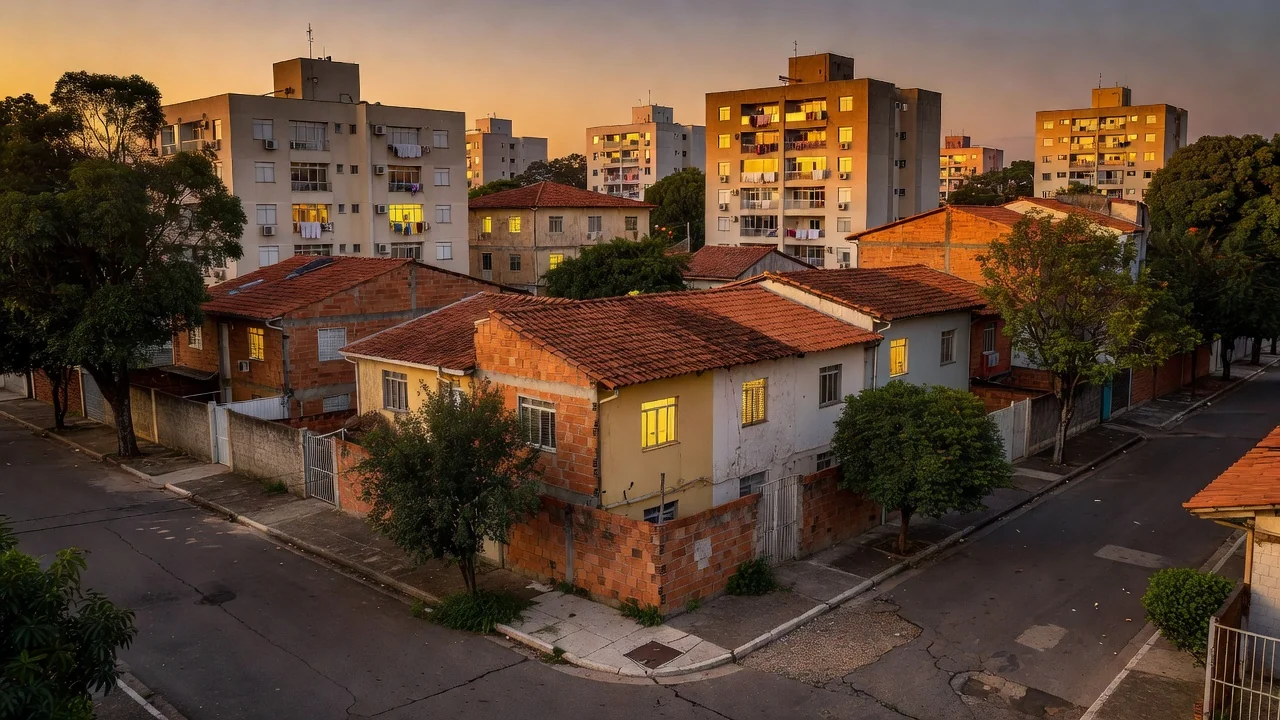 Bairro residencial brasileiro com casas e apartamentos vizinhos ao entardecer