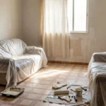 Apartamento brasileiro em reforma com móveis protegidos e paredes sendo pintadas