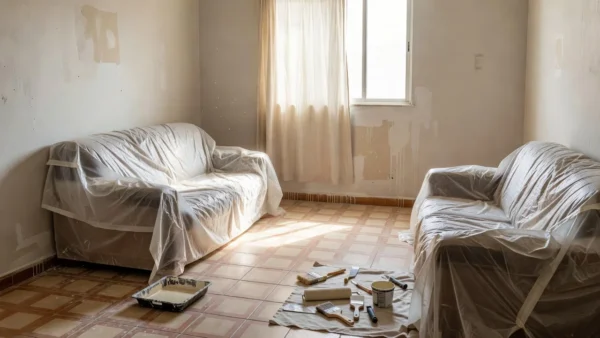 Apartamento brasileiro em reforma com móveis protegidos e paredes sendo pintadas