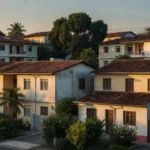 Bairro residencial brasileiro calmo simbolizando resolução de barulho de vizinho com diálogo