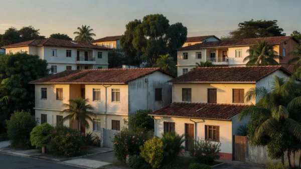 Bairro residencial brasileiro calmo simbolizando resolução de barulho de vizinho com diálogo