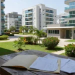 Condomínio residencial brasileiro com documentos de histórico de multas para análise antes da compra