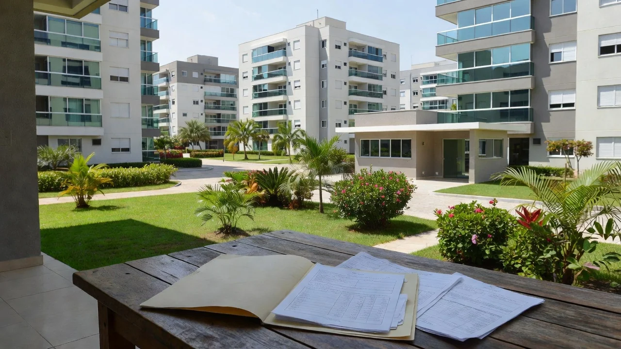 Condomínio residencial brasileiro com documentos de histórico de multas para análise antes da compra